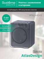 Розетка 1-м ОП AtlasDesign PROFI 16А IP54 250В заземл. защ. шторки антрацит SE ATN544045 ТехноИмпульс