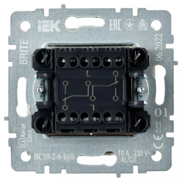 Выключатель проходной 2-кл. СП BRITE ВС10-2-6-БрБ 10А механизм бел. IEK BR-V22-0-10-K01 ТехноИмпульс