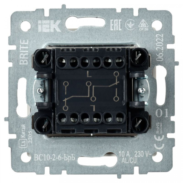 Выключатель проходной 2-кл. СП BRITE ВС10-2-6-БрБ 10А механизм бел. IEK BR-V22-0-10-K01 ТехноИмпульс