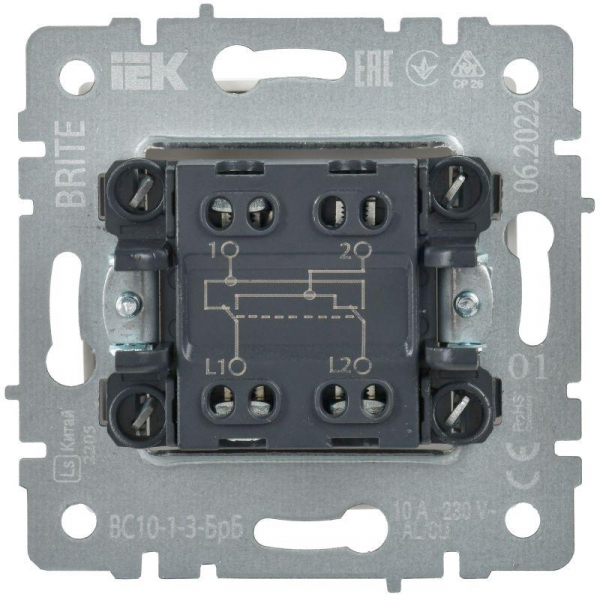 Выключатель перекрестный 1-кл. СП BRITE 10А ВС10-1-3-БрБ механизм бел. IEK BR-V13-0-10-K01 ТехноИмпульс