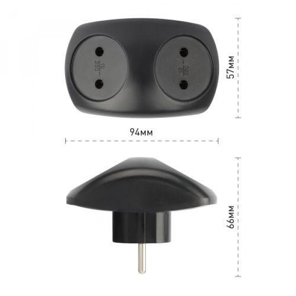 Разветвитель электрический SPx-2-B на 2 розетки без заземл. 10А черн. Эра Б0059720 ТехноИмпульс