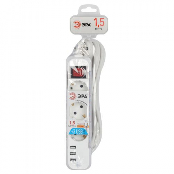 Удлинитель 3х1.5м с заземл. +3xUSBA 10А с выкл. U-3es-1.5m-USB Эра Б0052900 ТехноИмпульс