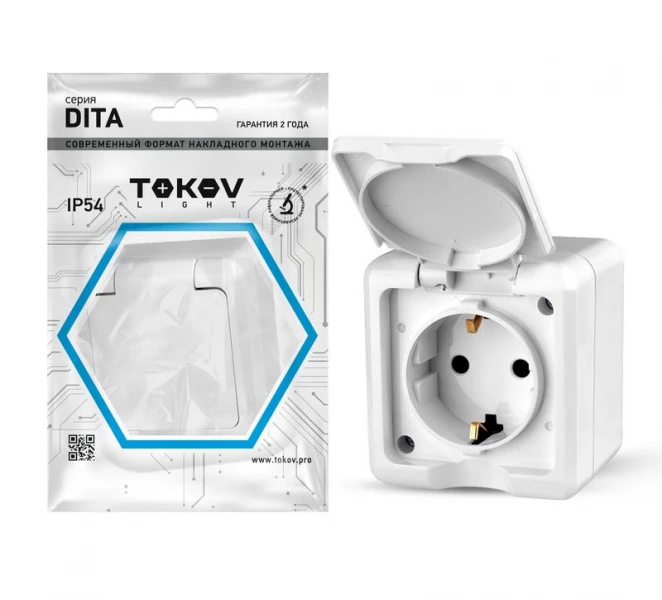 Розетка 1-м ОП Dita 16А IP54 250В с заземл. с крышкой бел. TOKOV ELECTRIC TKL-DT-R1Z-C01-IP54 ТехноИмпульс