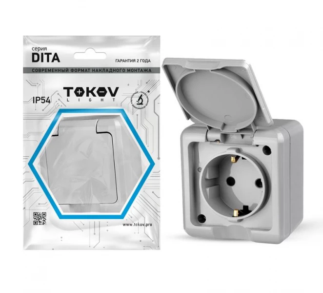 Розетка 1-м ОП Dita 16А IP54 250В с заземл. с крышкой сер. TOKOV ELECTRIC TKL-DT-R1Z-C06-IP54 ТехноИмпульс