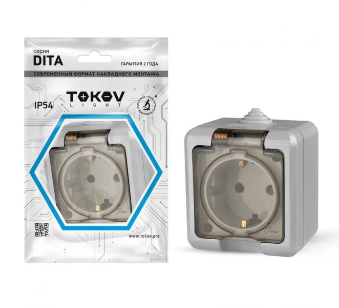 Розетка 1-м ОП Dita 16А IP54 250В с заземл. с прозр. крышкой сер. TOKOV ELECTRIC TKL-DT-R1Z-C06T-IP54 ТехноИмпульс