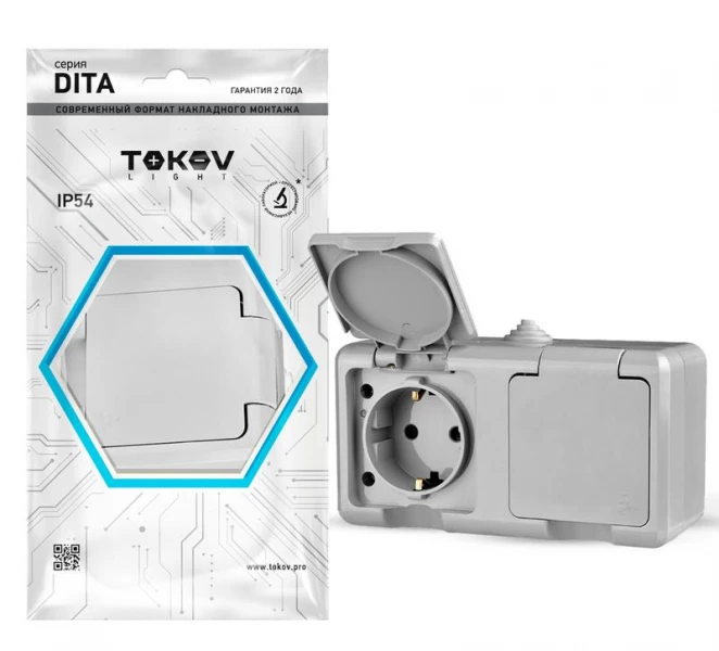 Розетка 2-м ОП Dita 16А IP54 250В с заземл. с крышкой сер. TOKOV ELECTRIC TKL-DT-R2Z-C06-IP54 ТехноИмпульс