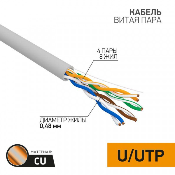 Кабель витая пара U/UTP кат.5E 4х2х24AWG медь сер. (м) PROCONNECT 01-0052 ТехноИмпульс