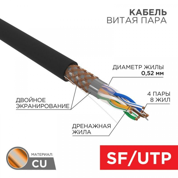 Кабель витая пара SF/UTP кат.5E 4х2х0.51 медь наружн. прокл. черн. (м) Rexant 01-0344 ТехноИмпульс