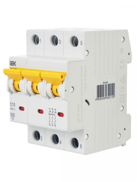 Выключатель автоматический модульный 3п C 10А 6кА ВА47-60M KARAT IEK MVA31-3-010-C ТехноИмпульс