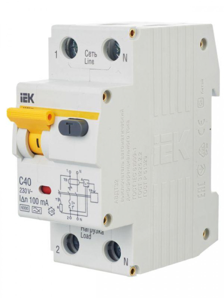 Выключатель автоматический дифференциального тока 2п (1P+N) C 40А 100мА тип A 6кА АВДТ-32 KARAT IEK MAD22-5-040-C-100 ТехноИмпульс