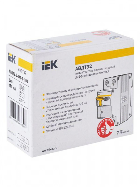 Выключатель автоматический дифференциального тока 2п (1P+N) C 40А 100мА тип A 6кА АВДТ-32 KARAT IEK MAD22-5-040-C-100 ТехноИмпульс