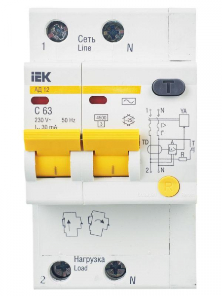 Выключатель автоматический дифференциального тока 2п C 63А 30мА тип AC 4.5кА АД-12 KARAT IEK MAD10-2-063-C-030 ТехноИмпульс