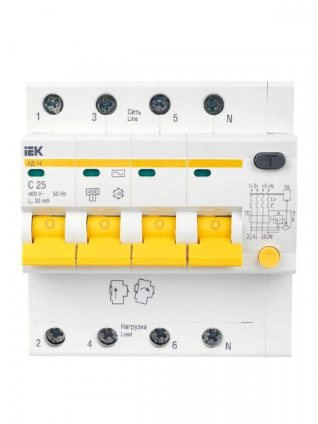 Выключатель автоматический дифференциального тока 4п C 25А 30мА тип AC 4.5кА АД-14 KARAT IEK MAD10-4-025-C-030 ТехноИмпульс