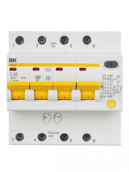 Выключатель автоматический дифференциального тока 4п C 32А 30мА тип AC 4.5кА АД-14 KARAT IEK MAD10-4-032-C-030 ТехноИмпульс