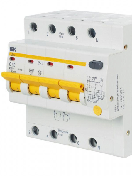 Выключатель автоматический дифференциального тока 4п C 32А 30мА тип AC 4.5кА АД-14 KARAT IEK MAD10-4-032-C-030 ТехноИмпульс
