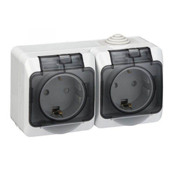 Розетка 2-м ОП Этюд 16А IP44 250В с заземл. защ. шторки с крышкой сер. SE PA16-244C ТехноИмпульс