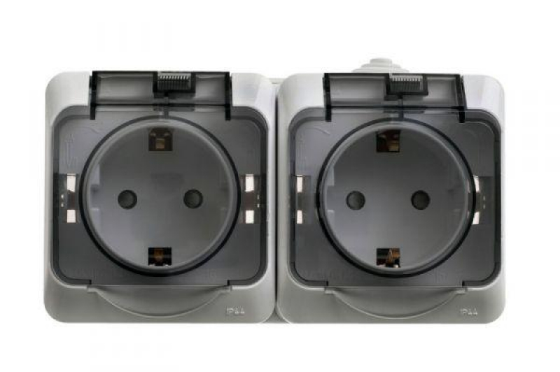 Розетка 2-м ОП Этюд 16А IP44 250В с заземл. защ. шторки с крышкой сер. SE PA16-244C ТехноИмпульс