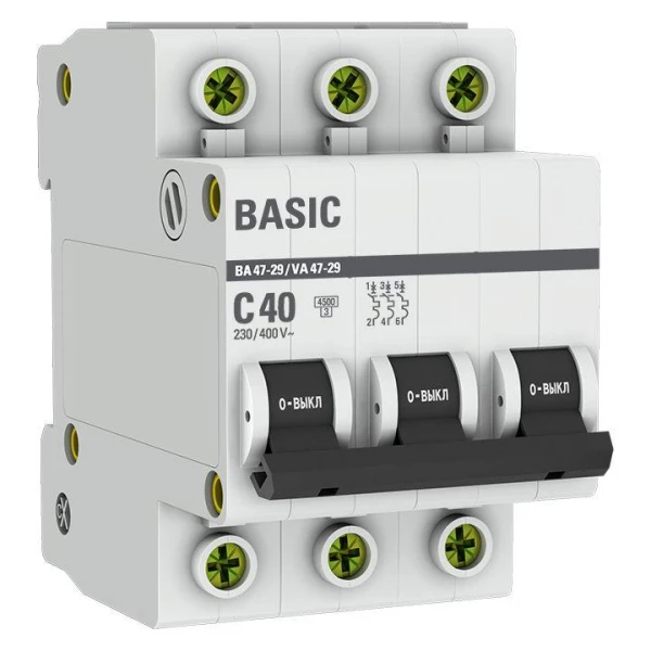 Выключатель автоматический модульный 3п C 40А 4.5кА ВА 47-29 Basic EKF mcb4729-3-40C ТехноИмпульс