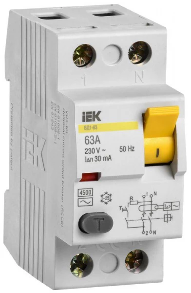 Выключатель дифференциального тока (УЗО) 2п 63А 30мА тип AC ВД1-63 IEK MDV10-2-063-030 ТехноИмпульс