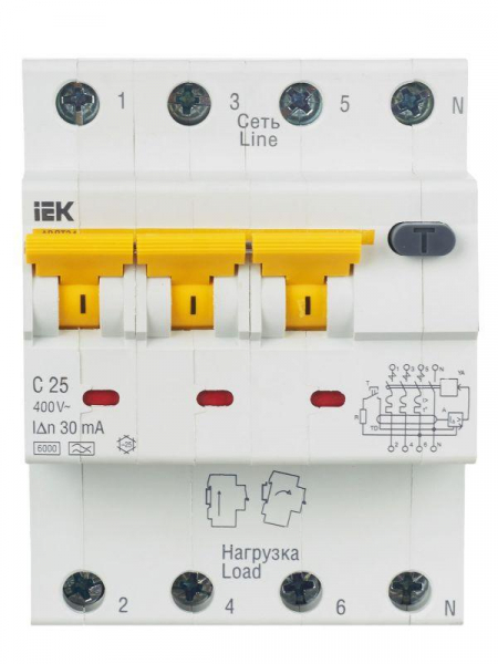Выключатель автоматический дифференциального тока 4п (3P+N) C 25А 30мА тип A 6кА АВДТ-34 KARAT IEK MAD22-6-025-C-30 ТехноИмпульс