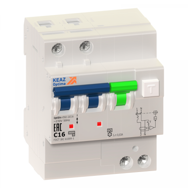 Выключатель автоматический дифференциального тока 2п C 16А 30мА тип A 6кА OptiDin VD63 УХЛ4 КЭАЗ 103453 ТехноИмпульс