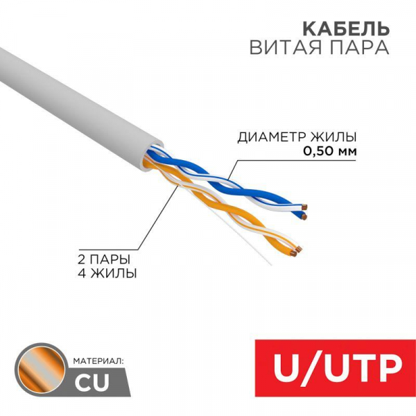 Кабель витая пара U/UTP кат.5E 2х2х24AWG solid CU PVC сер. (м) Rexant 01-0023 ТехноИмпульс