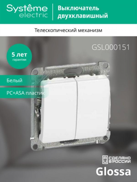 Выключатель 2-кл. СП Glossa 10А IP20 (сх. 5) 10AX механизм бел. SE GSL000151 ТехноИмпульс