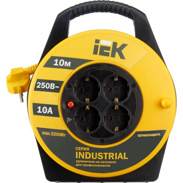 Удлинитель на катушке 4х10м с заземл. 10А IP20 Industrial УК10 3х1 термозащита IEK WKP14-10-04-10 ТехноИмпульс