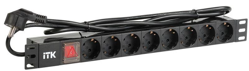 Блок розеток 8 мест PDU (немец. станд.) PH12-8D1-P 19дюймов DIN49440 с LED выкл. ПВХ 1U шнур 2м ITK PH12-8D1-P ТехноИмпульс