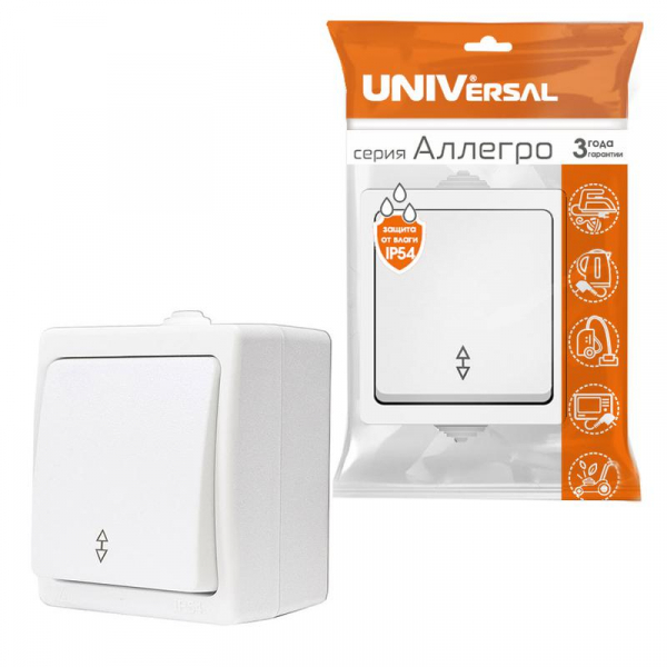 Переключатель проходной 1-кл. ОП Аллегро 10А IP54 (еврослот) бел. UNIVersal 5563484 ТехноИмпульс
