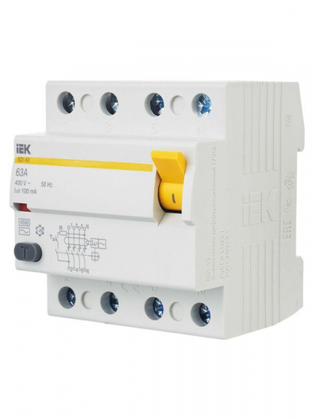 Выключатель дифференциального тока (УЗО) 4п 63А 100мА тип AC ВД1-63 KARAT IEK MDV10-4-063-100 ТехноИмпульс