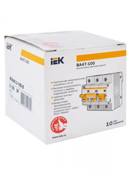 Выключатель автоматический модульный 3п D 100А 10кА ВА47-100 KARAT IEK MVA40-3-100-D ТехноИмпульс