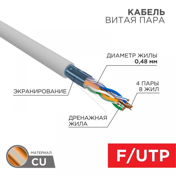Кабель витая пара F/UTP кат.5e 4х2х24AWG solid PVC INDOOR медь сер. (м) PROCONNECT 01-0152 ТехноИмпульс