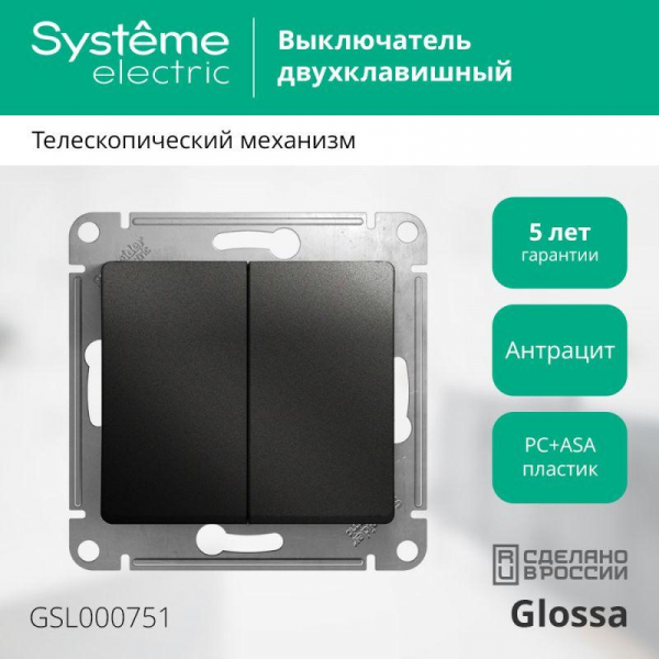 Выключатель 2-кл. СП Glossa 10А IP20 (сх. 5) 10AX механизм антрацит SE GSL000751 ТехноИмпульс