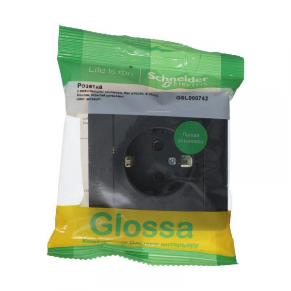 Розетка 1-м СП 1мод. Glossa 16А IP20 с заземл. в сборе антрацит SE GSL000742 ТехноИмпульс