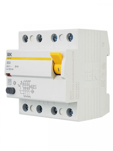 Выключатель дифференциального тока (УЗО) 4п 80А 300мА тип AC ВД1-63 KARAT IEK MDV10-4-080-300 ТехноИмпульс