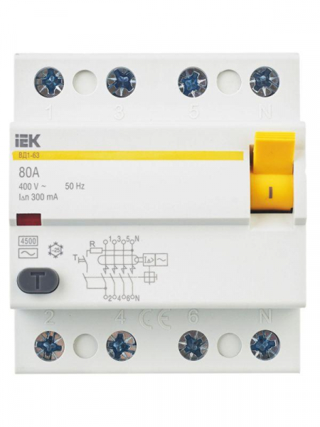 Выключатель дифференциального тока (УЗО) 4п 80А 300мА тип AC ВД1-63 KARAT IEK MDV10-4-080-300 ТехноИмпульс