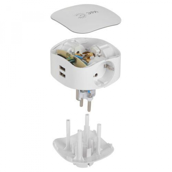 Разветвитель 3-м с заземл. 16А IP20 SP-3e-USB-2A 220В + 2хUSB 2000мА защ. шторки бел. Эра Б0015243 ТехноИмпульс