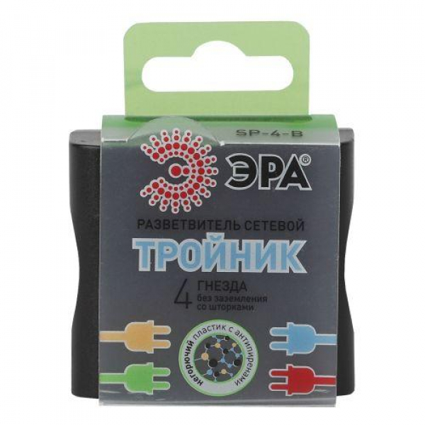 Разветвитель 4-м без заземл. 16А IP20 SP-4-B черн. Эра Б0008207 ТехноИмпульс