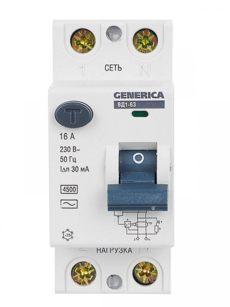 Выключатель дифференциального тока (УЗО) 2п 16А 30мА тип AC ВД1-63 GENERICA MDV15-2-016-030 ТехноИмпульс