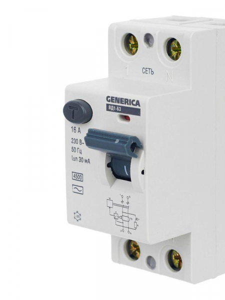 Выключатель дифференциального тока (УЗО) 2п 16А 30мА тип AC ВД1-63 GENERICA MDV15-2-016-030 ТехноИмпульс