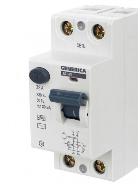 Выключатель дифференциального тока (УЗО) 2п 32А 30мА тип AC ВД1-63 GENERICA MDV15-2-032-030 ТехноИмпульс
