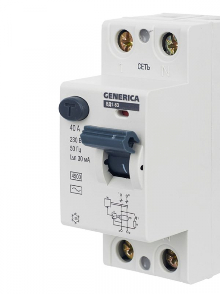 Выключатель дифференциального тока (УЗО) 2п 40А 30мА тип AC ВД1-63 GENERICA MDV15-2-040-030 ТехноИмпульс