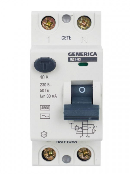 Выключатель дифференциального тока (УЗО) 2п 40А 30мА тип AC ВД1-63 GENERICA MDV15-2-040-030 ТехноИмпульс