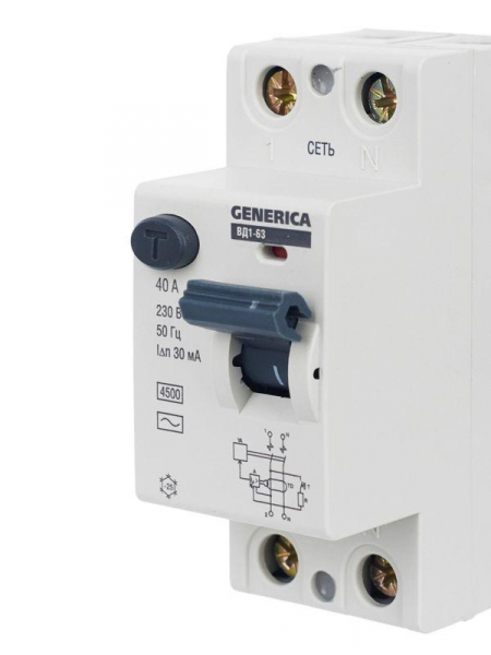 Выключатель дифференциального тока (УЗО) 2п 40А 30мА тип AC ВД1-63 GENERICA MDV15-2-040-030 ТехноИмпульс