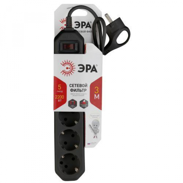 Удлинитель с сетевым фильтром 5х3м с заземл. 10А IP20 USF-5es-3m-B ПВС 3х0.75 с выкл. черн. Эра Б0019034 ТехноИмпульс