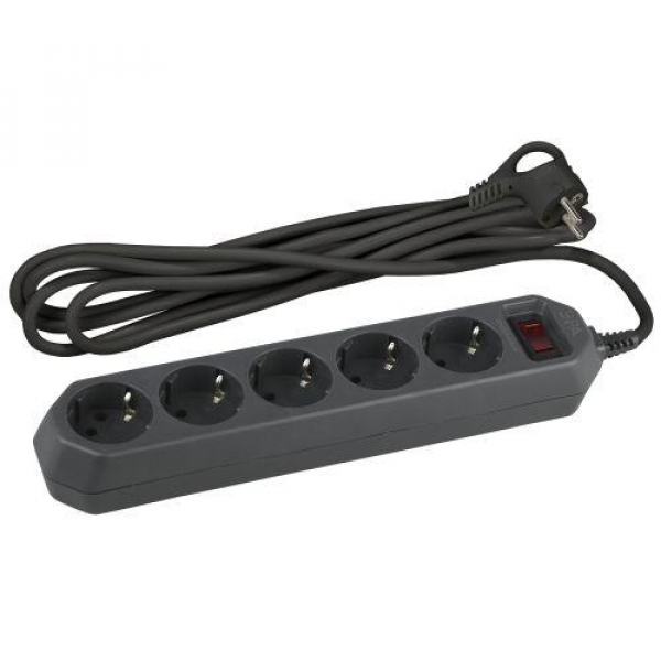 Удлинитель с сетевым фильтром 5х3м с заземл. 10А IP20 USF-5es-3m-B ПВС 3х0.75 с выкл. черн. Эра Б0019034 ТехноИмпульс