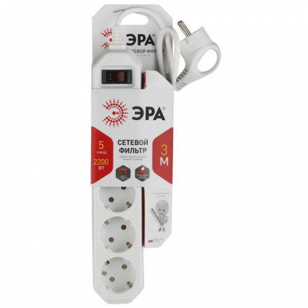 Удлинитель с сетевым фильтром 5х3м с заземл. 10А IP20 USF-5es-3m-W ПВС 3х0.75 с выкл. бел. Эра Б0019033 ТехноИмпульс