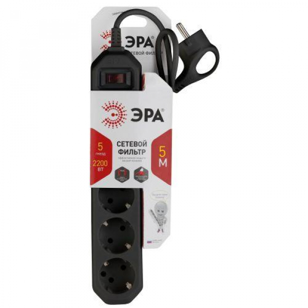 Удлинитель с сетевым фильтром 5х5м с заземл. 10А IP20 USF-5es-5m-B ПВС 3х0.75 с выкл. черн. Эра Б0019737 ТехноИмпульс