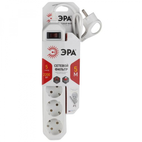 Удлинитель с сетевым фильтром 5х5м с заземл. 10А IP20 USF-5es-5m-W ПВС 3х0.75 с выкл. бел. Эра Б0019738 ТехноИмпульс